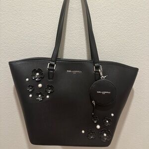 Karl Lagerfeld Paris Black Tote Bag Floral Appliqué Pearl Studs NWT $248